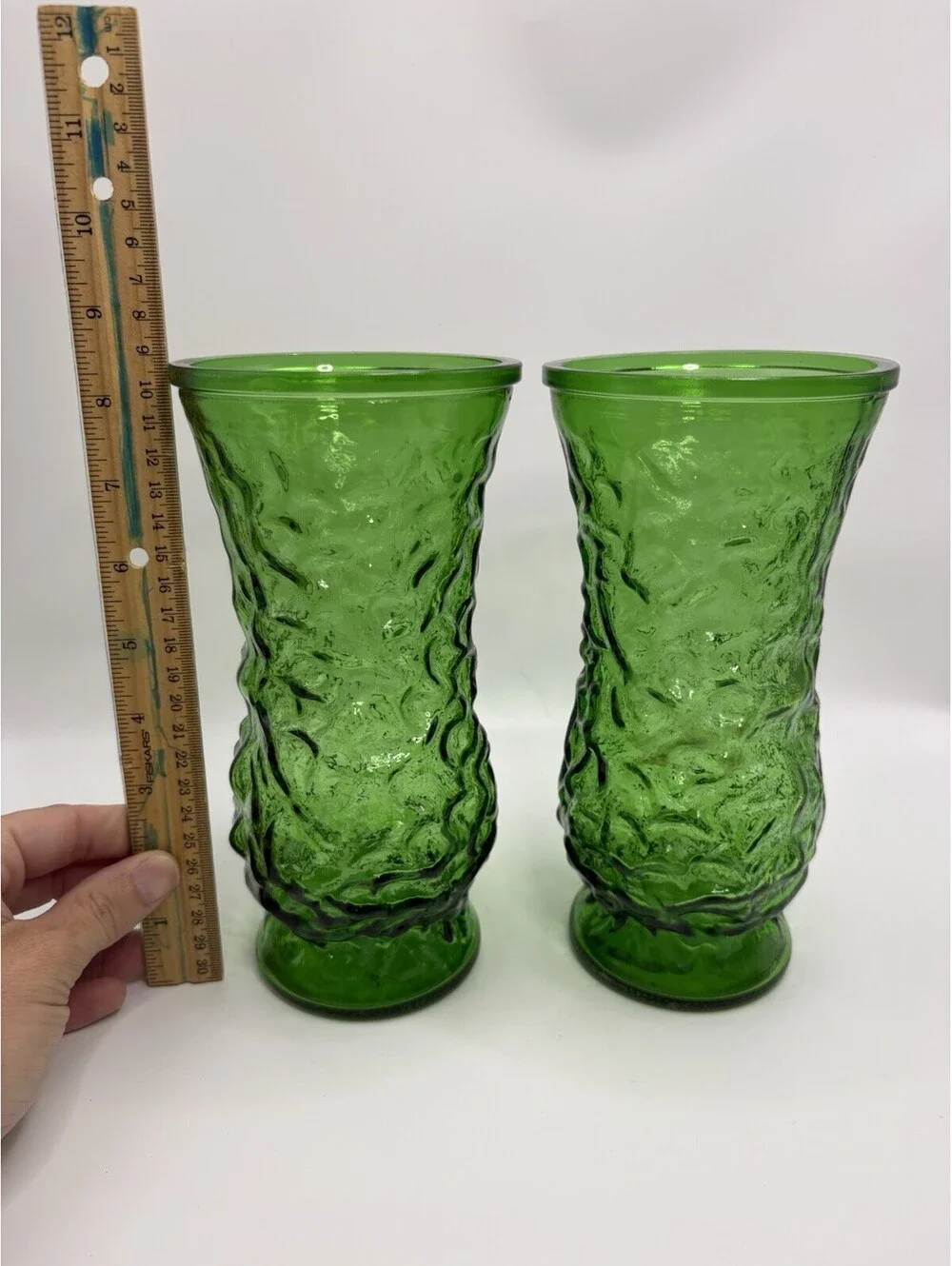 Pair Of 2 Vintage Hoosier Glass Vase - Emerald Green Crinkle Pattern 8.5”